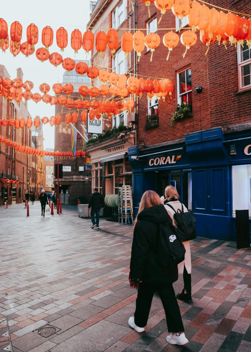 Girls walking down the street with chinese style lamps hanging