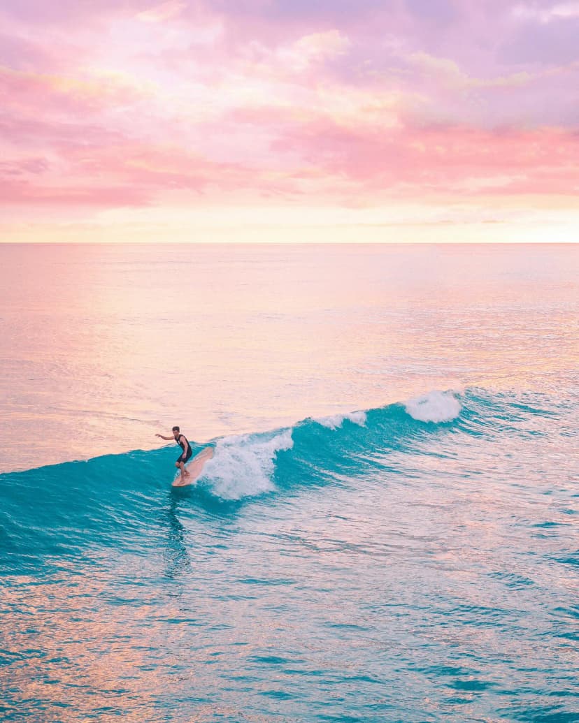 Noseriding a surfboard with a pink sky sunset